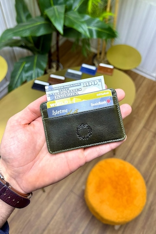 Unisex Antik Yeşil Mini Design Hakiki Deri Kartlık Cüzdan Erkek - Kadın Yeşil