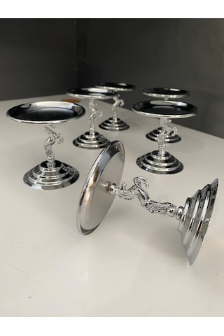 6'lı Gümüş Atlı Lokumluk, Çay Ve Kahve Yanı Sunumluk, Metal Şekerlik, Makaronluk Gümüş