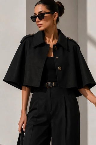 Bb Butik Basic Kadın Premiun Omuz Apoletli Crop Panço Trençkot Fs3434 Siyah