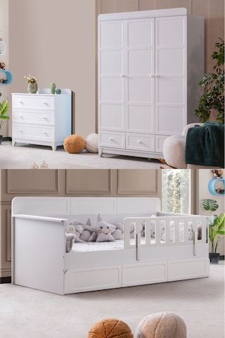 Mira Çocuk Odası Takımı, Mira Yavrulu Karyola, Berlin 3 Kapaklı Dolap, Şifonyer - Beyaz