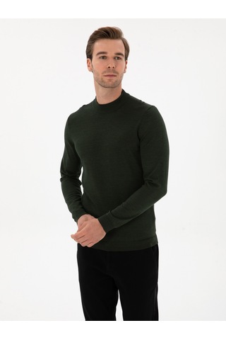 Cacharel Koyu Yeşil Slim Fit Yün Karışımlı Çeyrek Balıkçı Basic Triko Kazak Yesıl