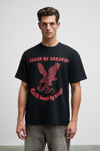 Grimelange GUSI Erkek Önü Kabaran Baskılı %100 Organik Pamuk Oversize Fit Bisiklet Yaka Siyah T-Shirt