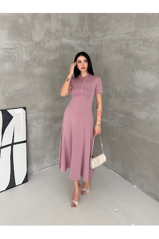 Elaxi Kadın Fermuar Detaylı Maxi Uzun Modal Elbise Pembe