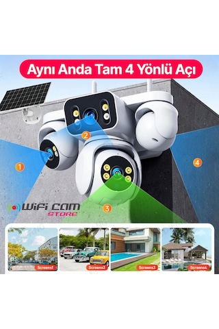 4 Kameralı Çift Panelli 4g Solar Kamera Aov 7/24 Kayıt Hiaesy Yazılım
