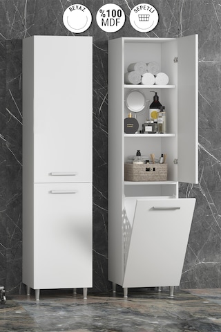 35 167 Cm Beyaz Mdf Ayaklı Sepetli Banyo Boy Dolabı Beyaz