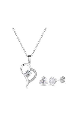 Brezza Lusso Jewelry 925 Ayar Gümüş Zirkon Taşlı Kalp Kadın Kolye Küpe Seti