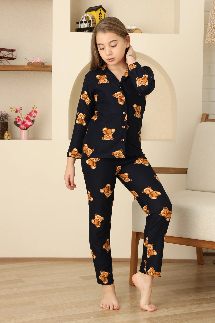 Kız Çocuk Pat Yakalı-ayıcık Baskılı Ve Düğme Kapamalı Pijama Takımı 12308 Lacıvert