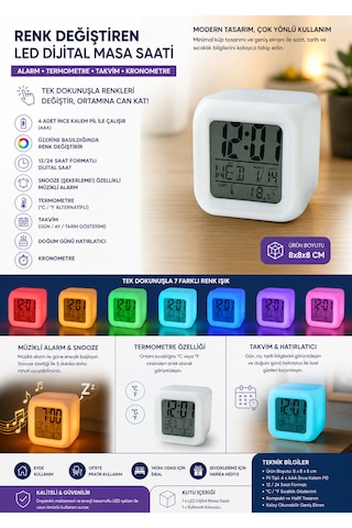 Renk Değiştiren Led Dijital Masa Saati Alarm, Termometre Ve Takvim Özellikli Akıllı Saat Beyaz