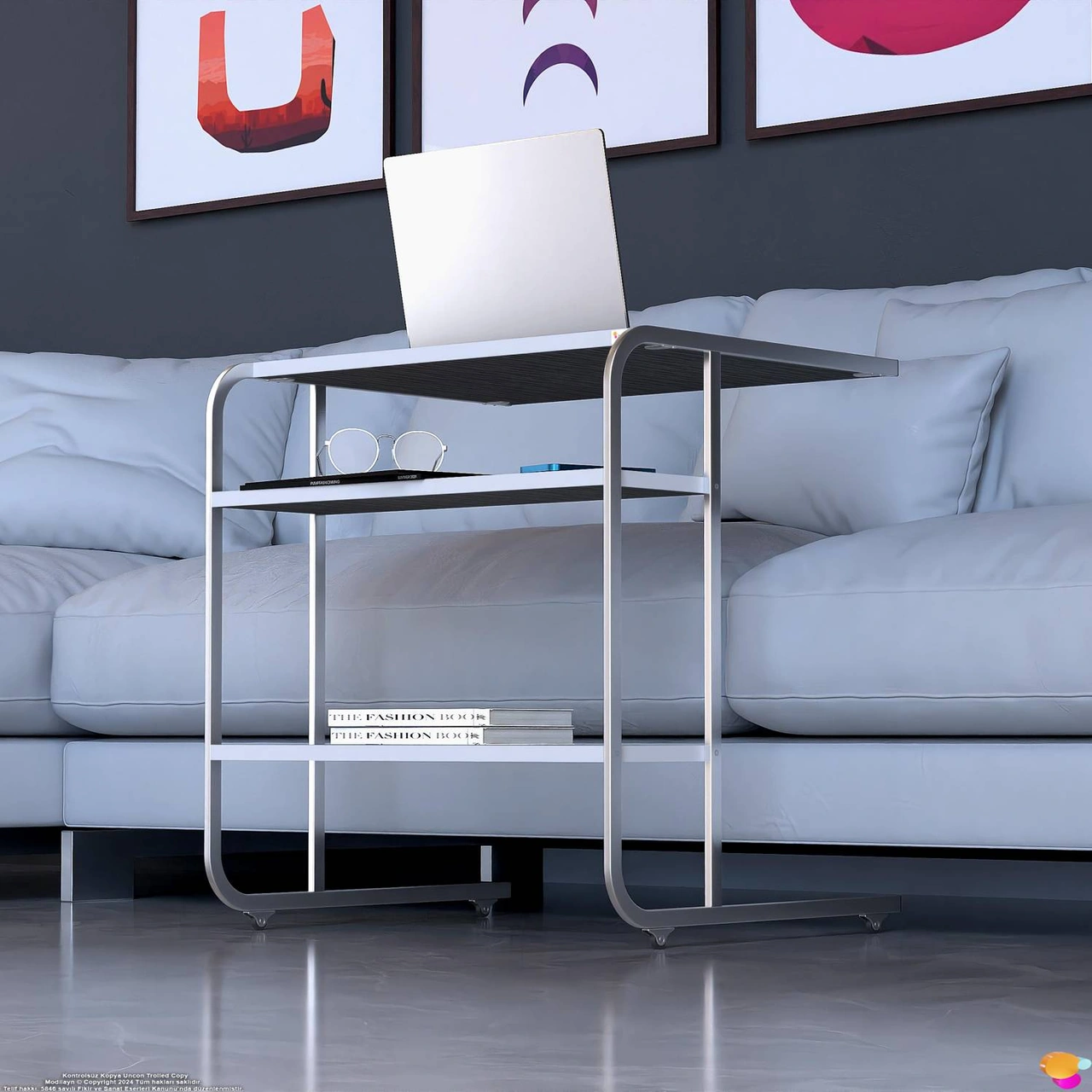 Modilayn C Yan Sehpa Geniş Boy Tekerlekli Çalışma, Atıştırmalık, Yemek, Laptop Sehpası Siyah Çizgili Siyah