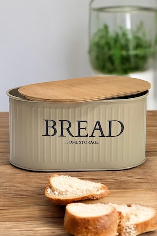 Ahşap Kapaklı Metal Ekmeklik Kahve Kahverengi