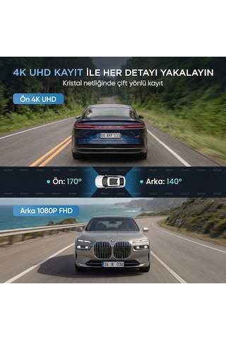 Juo C20 4k 2 Kameralı Uhd Ön + Fhd Arka Wifi Gps Hdr 170 Derece Geniş Açı Gece Görüşlü Ekranlı Araç İçi Kamera