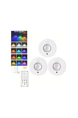 Motion003 3 Adet Şarj Edilebilir Manyetik Rgb Led Dolap Işıkları 3lü Paket Rgb Uzaktan Kum Ahşap