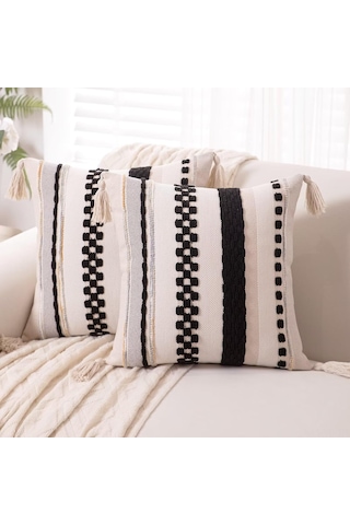 Vkemall 2'li Bohem Desenli Yorgan Kılıfı 18x18 İnç, Siyah, Çift Taraflı, Gizli Fermuar, El Yapımı Tassel, Koltuk Yastık Kılıfı Siyah