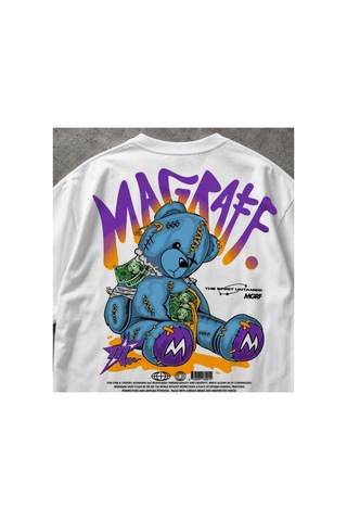 Yolo Street Mgrf Ayıcık Baskılı Beyaz Oversize Erkek Tişört Büyük Sırt Baskı %100 Pamuk Streetwear Beyaz1a1
