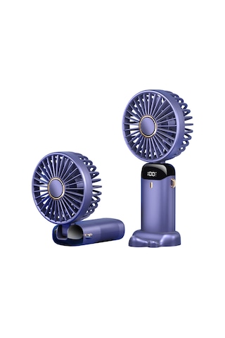 Kosona Mor Mini Usb Şarjlı Fan, 5 Hızlı, Led Ekranlı, 90 Derece Katlanabilir, Telefon Tutucu Ve Askı İp İle
