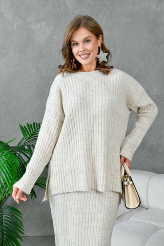 Kadın Bisiklet Yaka Uzun Kazak Etek İkili Triko Takım Taş