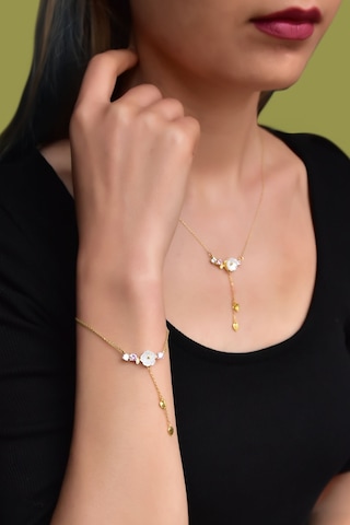 Papatya Silver 925 Ayar Gümüş Gold Kaplama Zincir Sallantılı Taşlı Sedef Manolya Çiçeği Kolye ve Bileklik Set