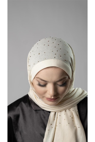 Hürrem Bone Krem Pratik Hazır Geçmeli Tesettür Şal Örme Kumaş Taş Desenli 2118t 40