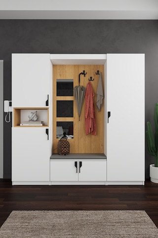 Lüks Aynalı Portmanto Askılı Vestiyer %100 Mdf Çok Raflı Ayakkabılık V05 Beyaz - Karına