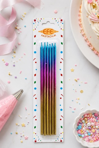 Metalik Gold Pembe Mavi Uzun Pasta Mumu 20 Cm Çok Renkli