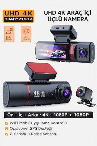 Gps Li 4k Araç Kamerası Wifi Destekli Üçlü Kayıt Gece Görüşlü Dashcam Sistem