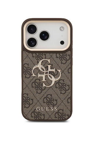 Apple Uyumlu iPhone 17 Pro Kılıf Guess Lisanslı Gold Kamera Çerçeveli 4g Desenli Büyük 4g Ve Yazı Logolu Kahve Kahverengi