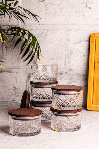 Snippy Milla 6'lı Ahşap Vakumlu Kapaklı Cam Kahvaltılık Ahşap - Şeffaf