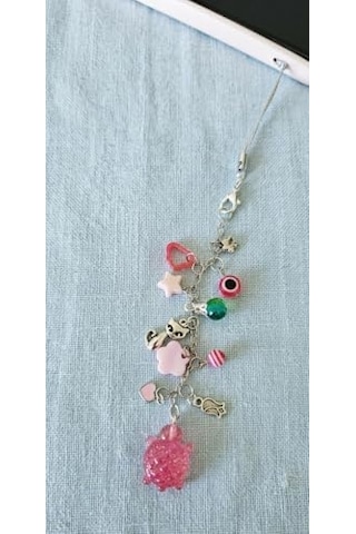 Çok Renkli Telefon Askısı, Gümüş Zincir, Kaplumbağa Ve Kedi Figürlü, Nazar Boncuklu, Pembe Aksesuarlı Charm