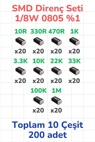 Smd Direnç Seti 1/8w 0805 %1 200 Parça 10 Çeşit 10 330 470 1k 3