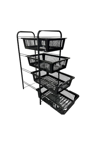 Ece Metal 4 Plastik Raflı Tekerlekli Siyah Sebzelik Meyvelik Organizer