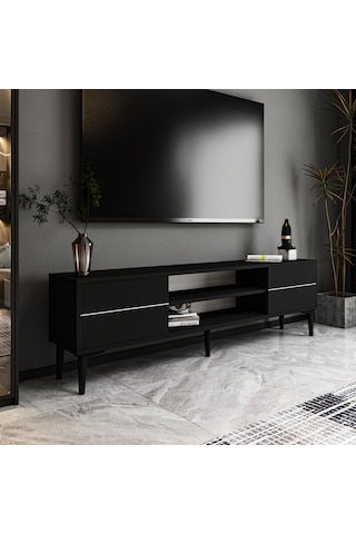 Aragon Modern Tv Sehpası 180 Cm, 2 Kapaklı + 2 Açık Raflı, Siyah & Beyaz Renk Seçenekli Tv Ünitesi - Siyah Siyah