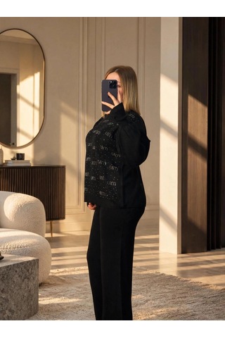 Elora Atelier Taş Detaylı Siyah Triko Takım