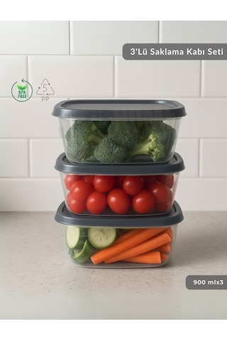 3'lü Saklama Kabı Seti Kare Erzak Kabı Bpa Free Derin Dondurucu İçin Uygun 900 Ml Şeffaf