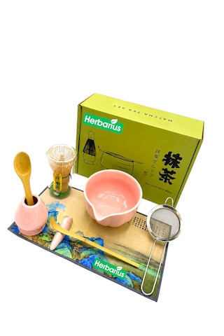Herbarius 8 Parça Parlak Pudra Pembe Renk Matcha Çayı Hazırlama Seti - Geleneksel Japon Matcha Seti
