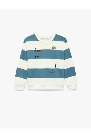 Koton Bisiklet Yaka Uzun Kollu Nakışlı Çizgili Oversize Sweatshirt Mavi Çizgili 7wmb10114tk