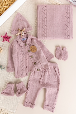 Triko Kız Bebek Hastane Çıkışı Hediyelik Bebek Seti Gülkurusu