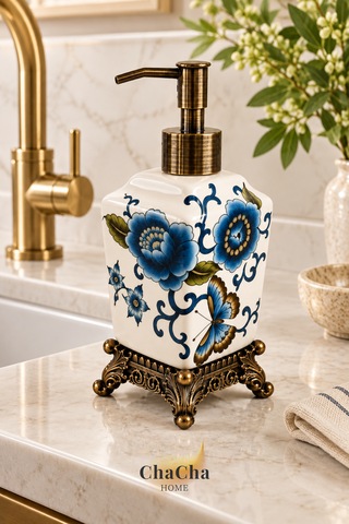 Chacha Home Aurelia Seramik Sıvı Sabunluk 470 Ml Antik Bronz Görünümlü Ayaklı Ve Pompalı 22 Cm Mavi