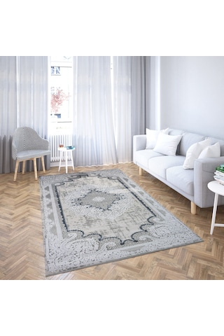 Nostalji Seri Gri Klasik Motifli Altı Kaymaz Makine Dokuma Halı 13631-840 Beyaz
