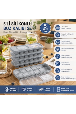 5'li Silikonlu Kapaklı Buz Kalıbı Seti 10 Bölmeli Kolay Çıkarılabilir Buzluk Kabı Gri