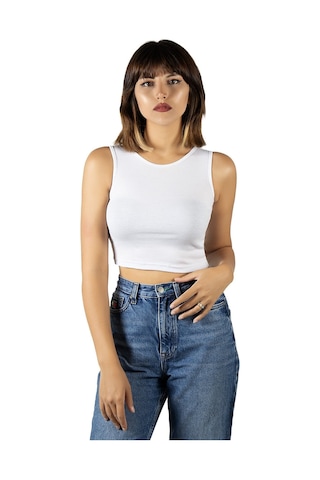 Terapi Men 2'li Paket Beyaz Kırmızı Fitted/vücuda Oturan Crop Halter Yaka Fitilli Esnek Örme Bluz Atlet Beyaz Kırmızı