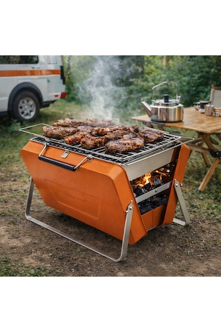 Katlanabilir Portatif Kamp Mangalı Taşınabilir Kömürlü Izgara Bavul Tipi Pratik Bbq Turuncu