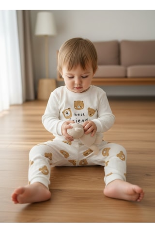 Aden Kids Raporlu Kumaş Desenli Çocuk Pijama Takımı Kahve