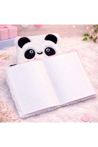 Premium Sevimli Çizgili Yapraklı Hediyelik Panda Tasarımlı Peluş Defter Çok Renkli