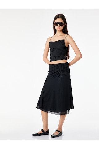 Koton Slim Fit Büzgülü A Kesim Midi Etek Siyah 6sal70065ık