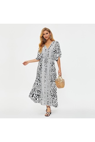 Edolynsa Plaj Cover Up Tunikler Plaj Baskı Şifon Uzun Kaftan Bikini Cover Up Robe De Plage Sarong Plaj Wrap Mayo Coverup Q1510 Beyaz