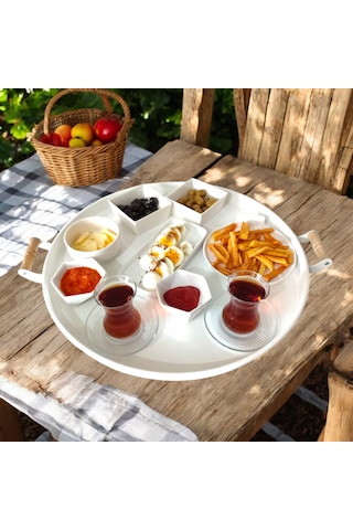 Ahşap Kulplu 51 Cm Beyaz Yuvarlak Metal Tepsi Kahvaltı Çay