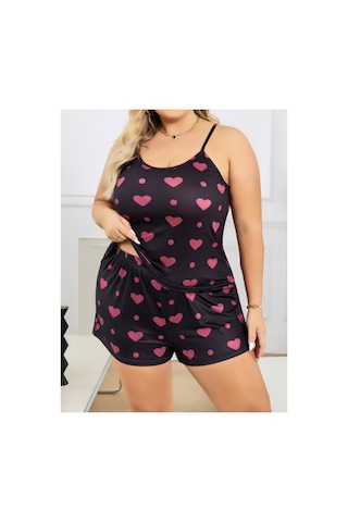 Lily Bianca Nightwear Büyük Kiraz Desenli Askılı Ve Şortlu Büyük Beden Penye Gecelik Siyah