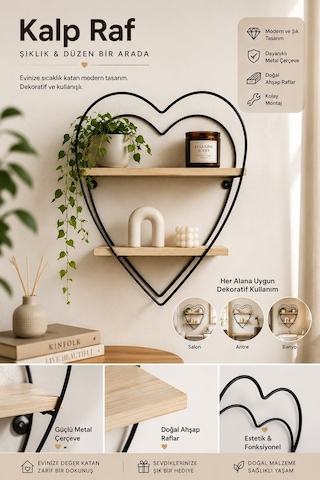Jasper Love Ahşap Detaylı Kalpli Banyo Ve Mutfak Rafı Metal Raf Dekoratif Duvar Rafı 2 Katlı