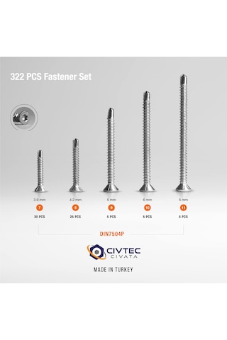 Civtec 322 Parça 13 Çeşit Matkap Uçlu Vida Seti - Takım