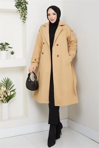 Neşeli Butik Kadın Omuz Detaylı Düğmeli Midi Boy Astarlı Kaşe Kaban Nbft005 Bej
